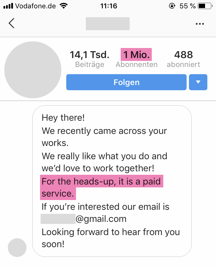 Eines der zahlreichen Angebote, die wir auf Instagram als "Tätowierer" erhalten. Hier von einem bekannten Account, der über eine Million Follower hat.