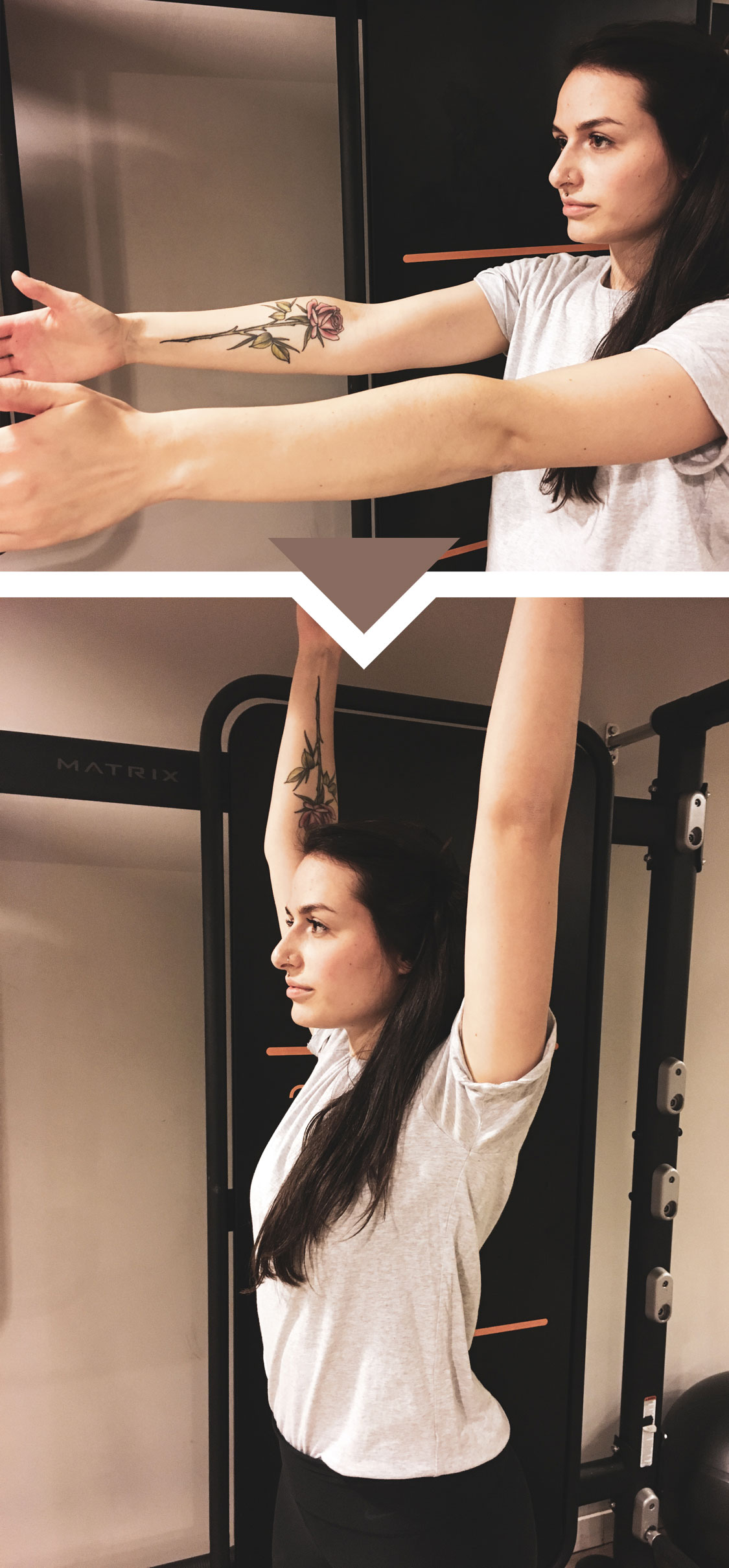 Sarah demonstriert die Armstreckung zur Vorbeugung von Verspannungen und Rückenschmerzen. / Foto: Sinah Ra