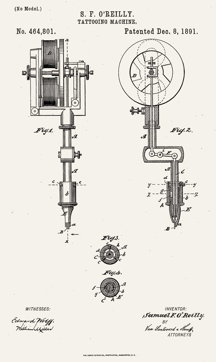 O’Reilly’s Patent seiner ersten Tattoo-Maschine, U.S. Patent 464,801, angemeldet 16. Juli 1891, and ausgestellt 8- Dezember 1891