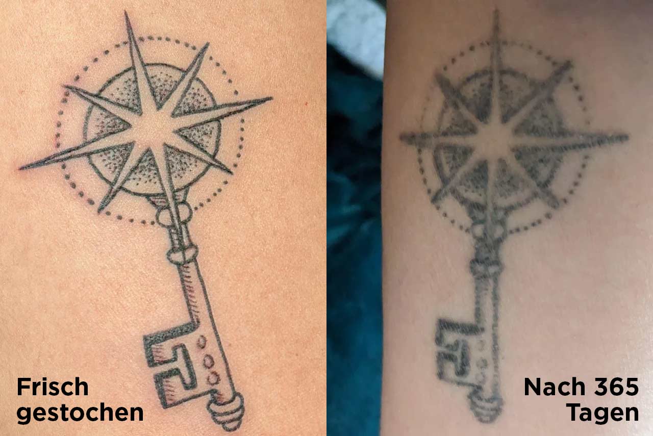 Nach einem Jahr ist dieses Ephemeral Tattoo nur stark verschwommen – aber nicht ausgeblichen. / Fotos: Reddit-User u/fadefadethrowaway