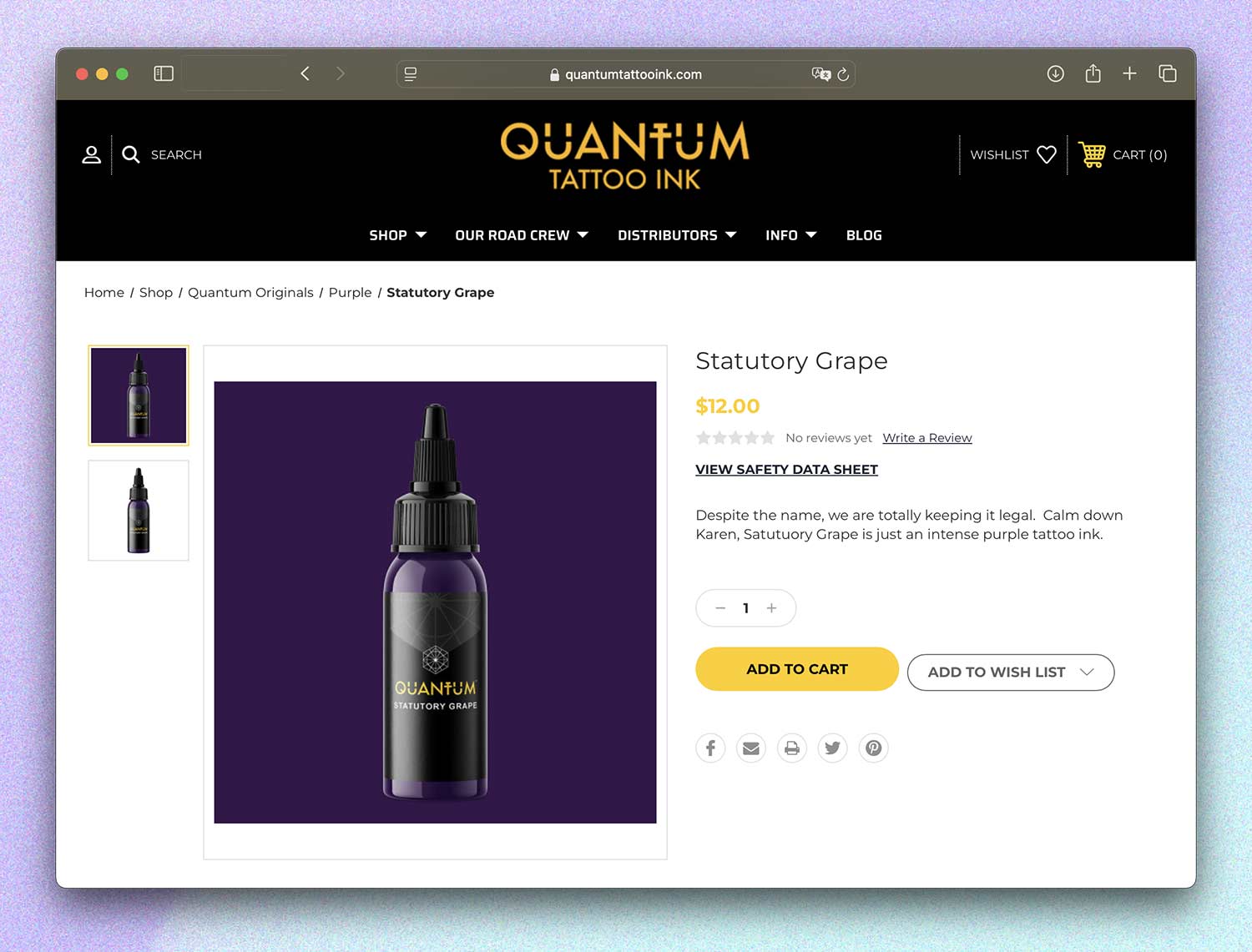 Screenshot des offiziellen Quantum Tattoo Ink Onlineshops